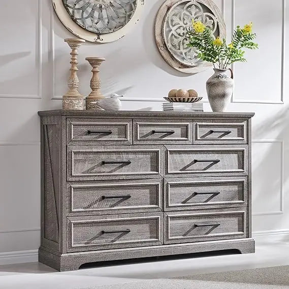 Farmhouse 9 Drawer Dresser for Bedroom, 36 Inch Tall Modern Dresser TV Stand with Large Drawers & Bar Handles, Rustic Wood Chest