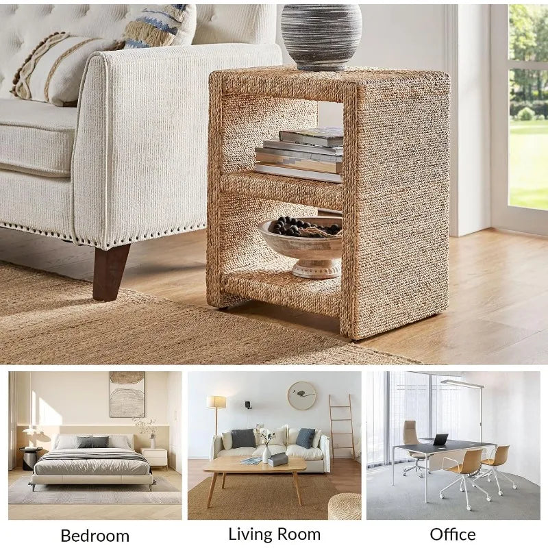 Rattan Nightstand with Two Open Shelves, Seagrass Side Table Coastal Style, Set of 2 (Natural)
