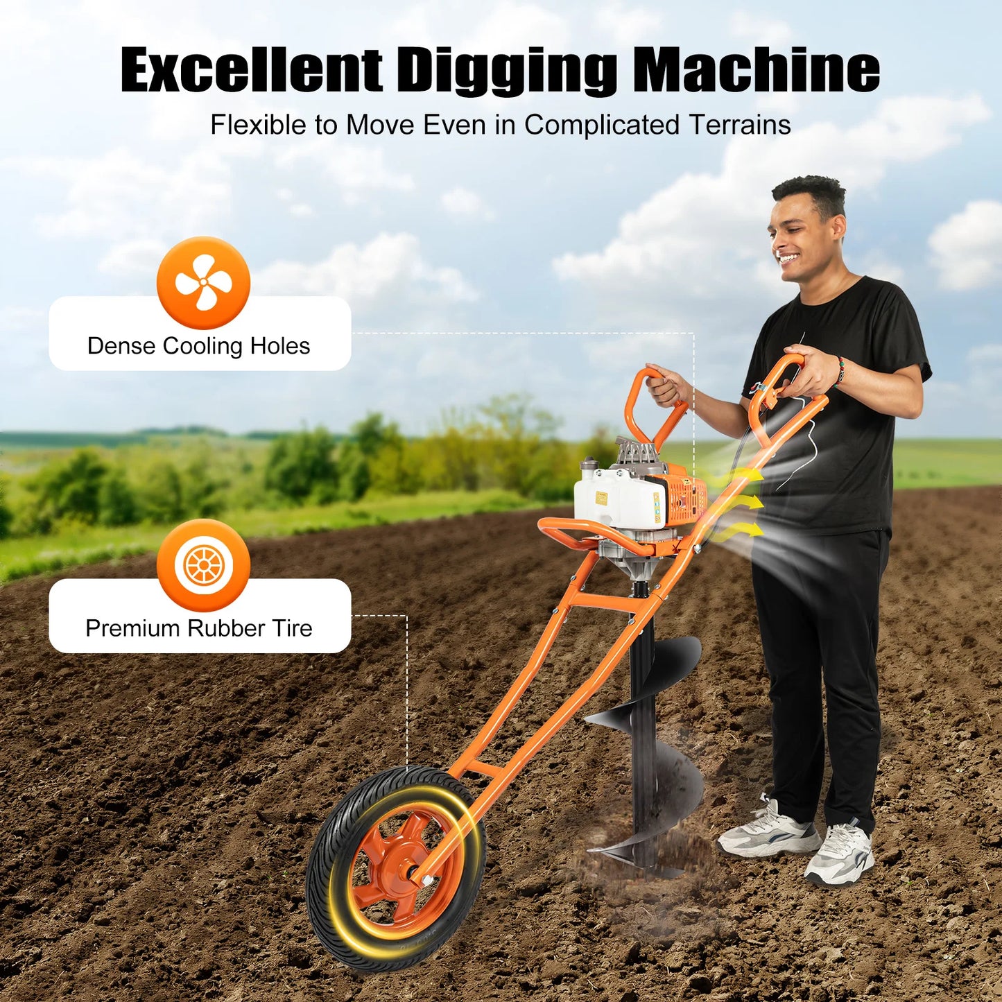 2-Stroke 63CC Post Hole Digger with Earth Auger Drill, 3HP Gas Powered Earth Auger Borer Ground Drill