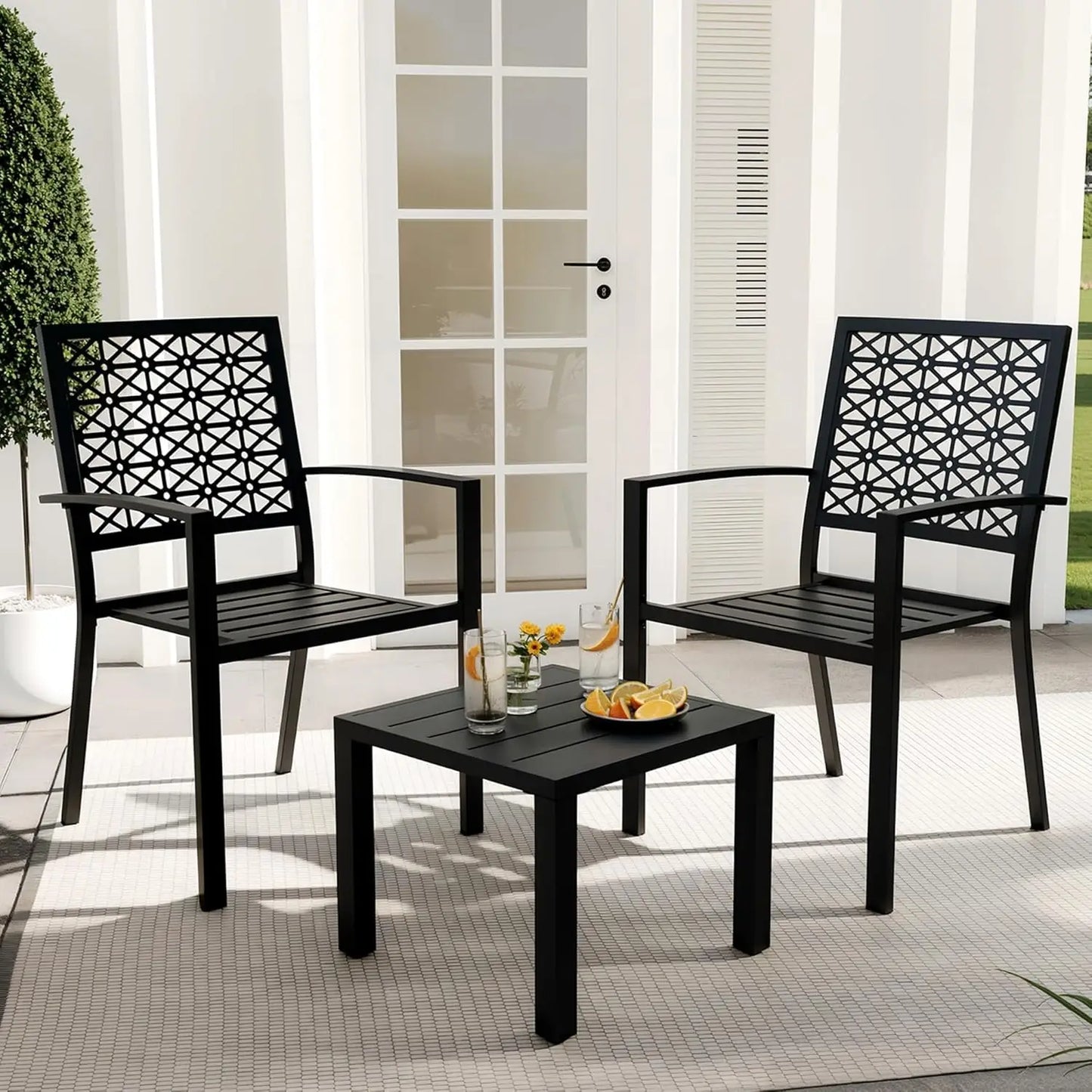 3-Piece Outdoor Bistro Set,Stackable Modern Metal Patio Furniture Set, 2 Chairs&Coffee Table,for Backyard Balcony Garden Lawn