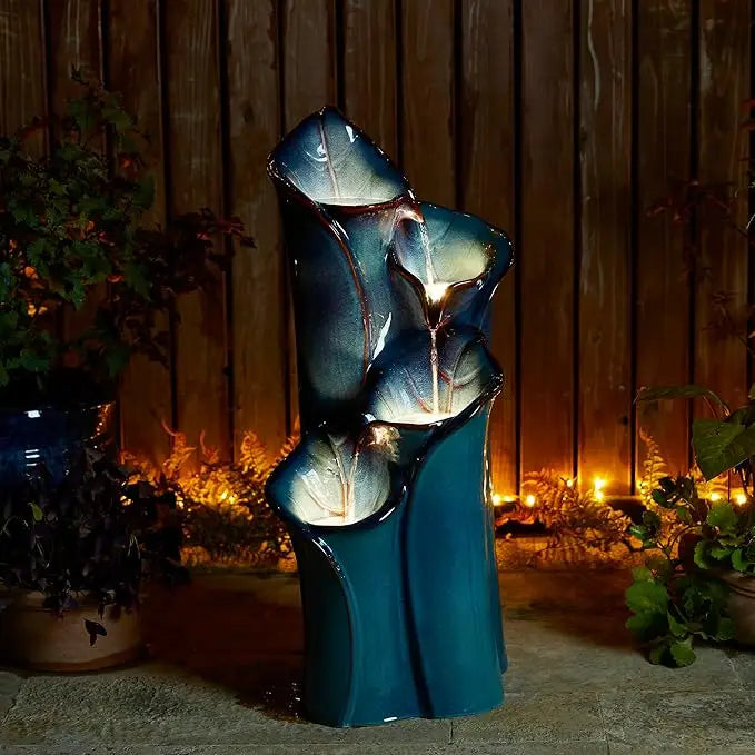 31.25 "H Outdoor Fountain with LED Lights and Water Pump, 4-storey Ceramic Floor Fountain, Waterfall Courtyard Vase Fountain
