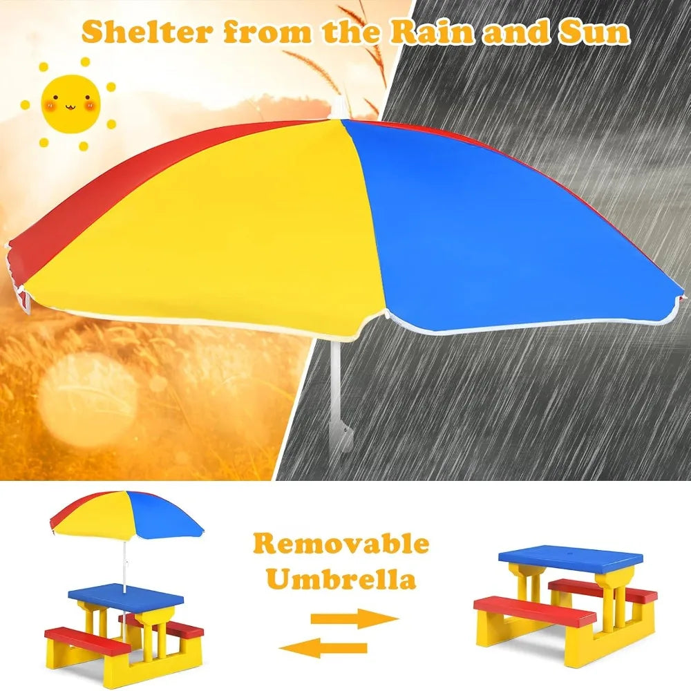 Kids Picnic Table, Toddler Plastic Outdoor Table & Bench Set with Umbrella, Children Patio Furniture Set for Backyard Garden