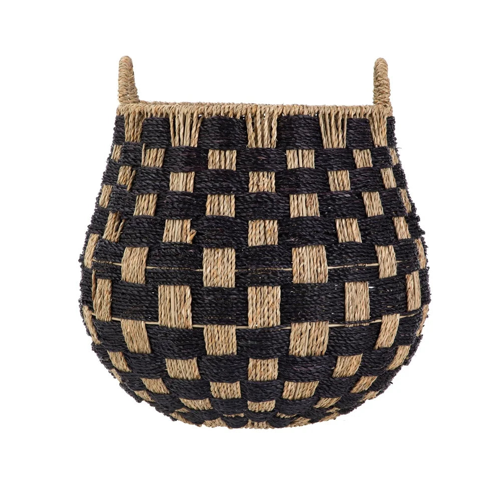 Large Round Seagrass Storage Basket with Handles 2 Pack Handcrafted Checkered Design Lightweight Durable Decorative Organizers