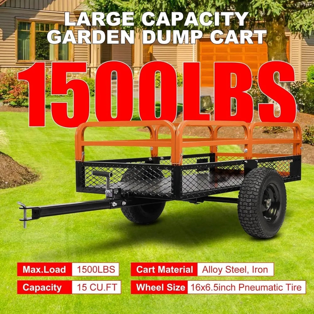 Heavy Duty Steel Dump Cart,1500 Lbs Utility Garden Cart with Wheels,15 Cubic Feet Garden Utility Trailer with Removable Sides,Ha