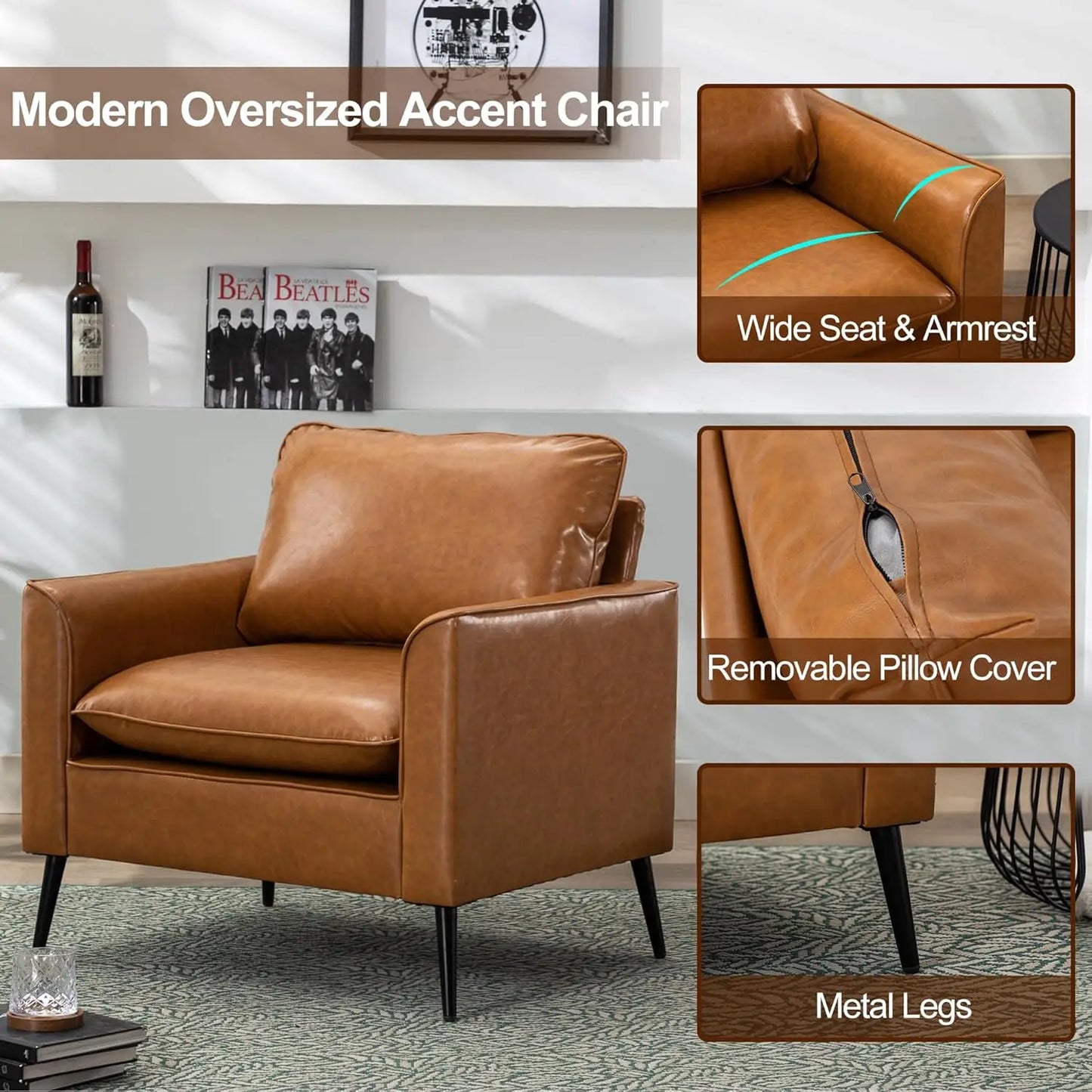 Leather Chair Set of 2, Oversized Armchair for Living Room, Mid-Century Accent Reading Chair for Bedroom Comfy, Single Sofa