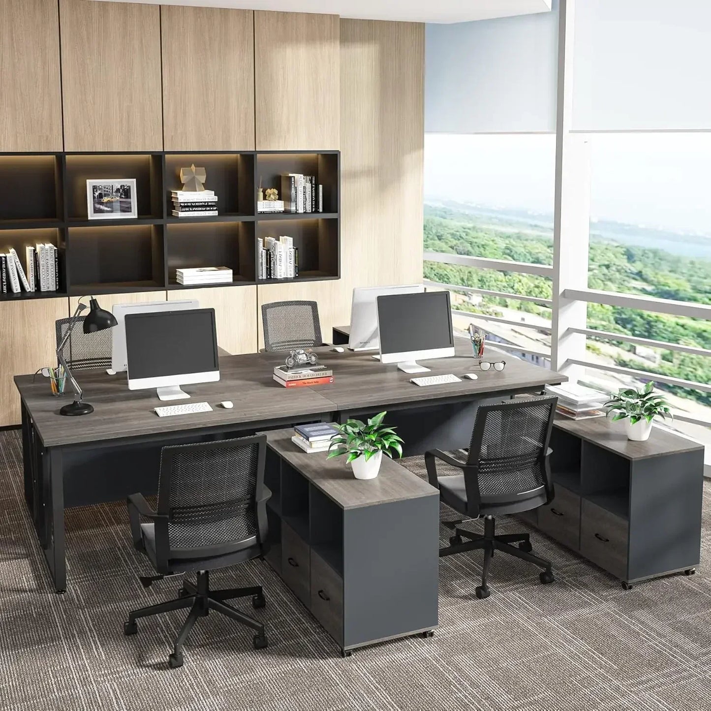 55 inches Executive Desk and 43" lateral File Cabinet, L-Shaped Computer Desk with Drawers Storage Shelves Office Table(Walnut)
