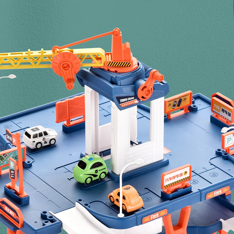 Children's Rail City Parking Building Double Slide Car DIY Construction Track Parking Lot Puzzle Splicing Kids Toys Boys Game