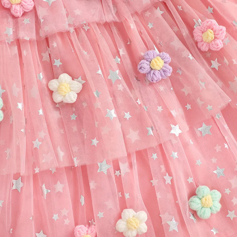 Kids Girls Dress Flower Decor Sequins Star Sleeveless Layered Tulle Casual Dress Toddler Summer Dress