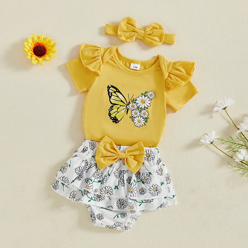 Toddler Girl Floral Print Sleeveless Romper with Matching Headband and Ruffled Shorts 3 Piece Summer Outfit Set