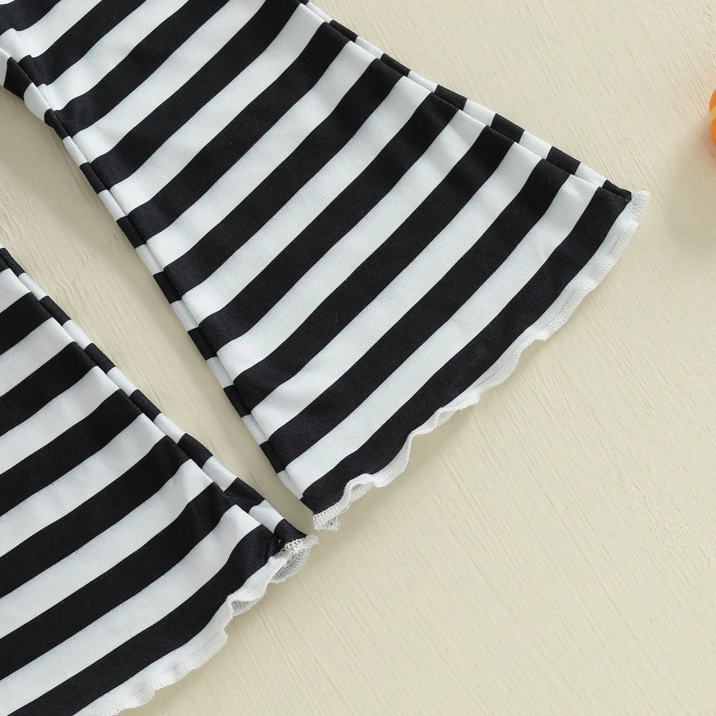 Baby Girl Halloween Bell Bottom Outfit Pumpkin Face Print Long Sleeve Romper + Elastic Waist Stripe Flare Pants 2 Pcs Set