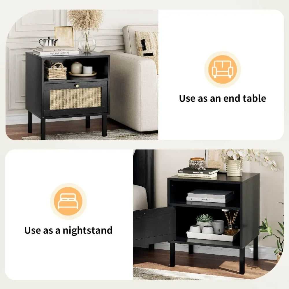 Rattan Night Stand Set 2, Boho Black Nightstands Set of 2, Bedside Table, End Table with Open Storage Space & Metal Le