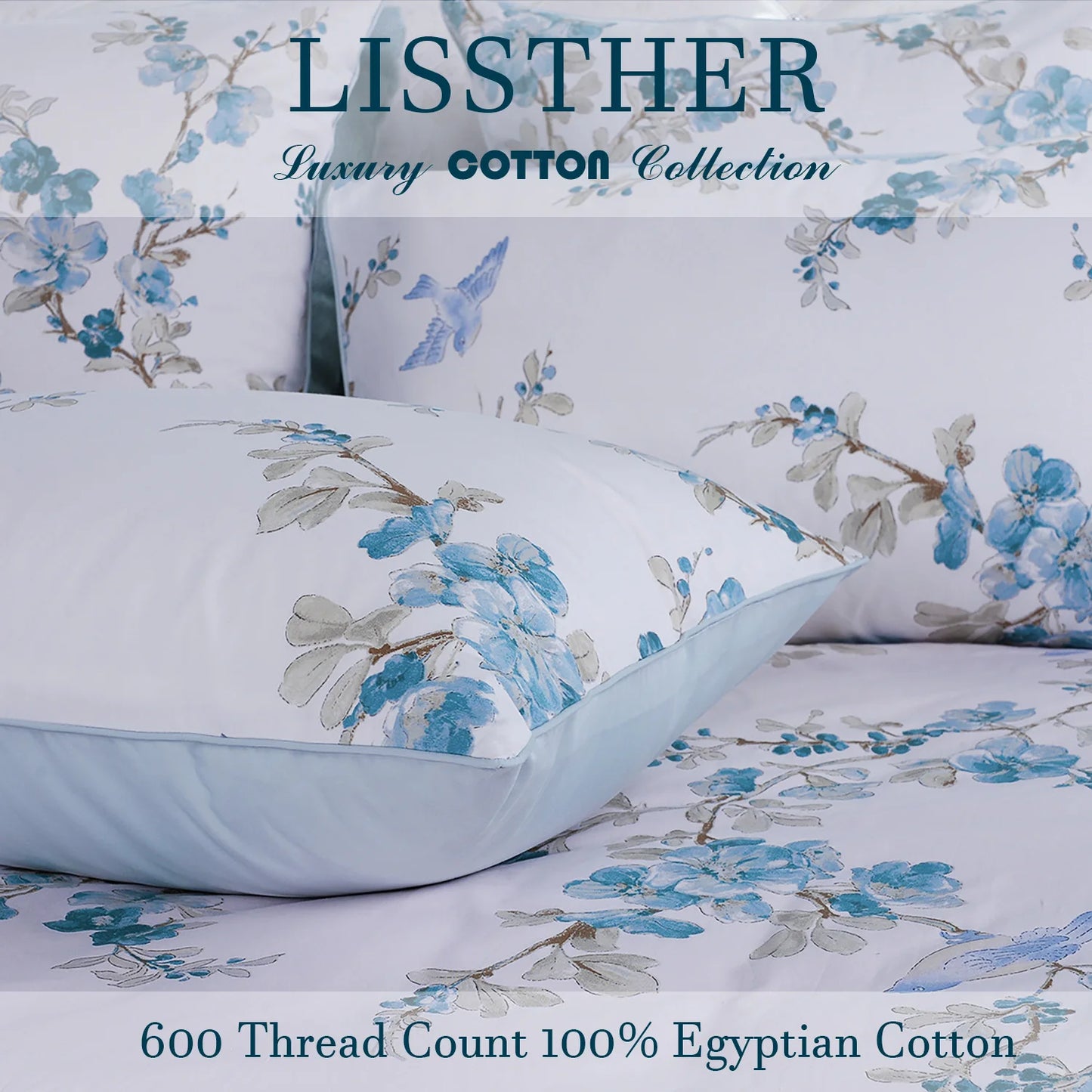 3pcs 600TC 100% Egyptian Cotton Duvet Cover Set, Blue Watercolor Floral, Soft Breathable Skin-Friendly (No Inserts)