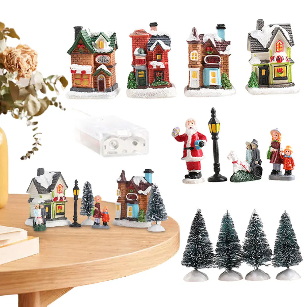 12 Pcs Mini Resin Christmas Village Figurines Decoration Set Lighted LED DIY Christmas Doll Figurines Christmas Home Decorations