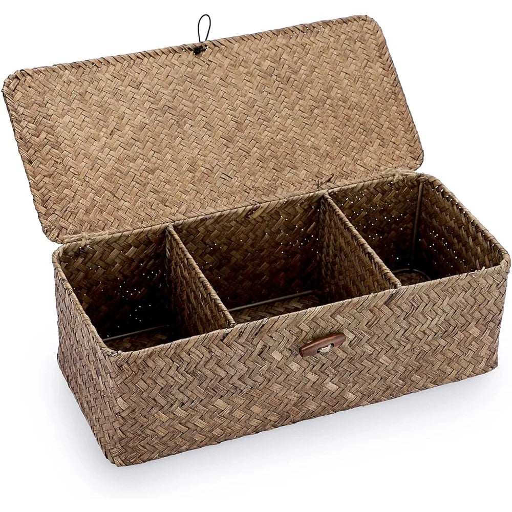 Handwoven Seagrass Storage Basket with Lid 3 Compartments Organizer Bathroom Kitchen Office Living Room Shelves Countertop