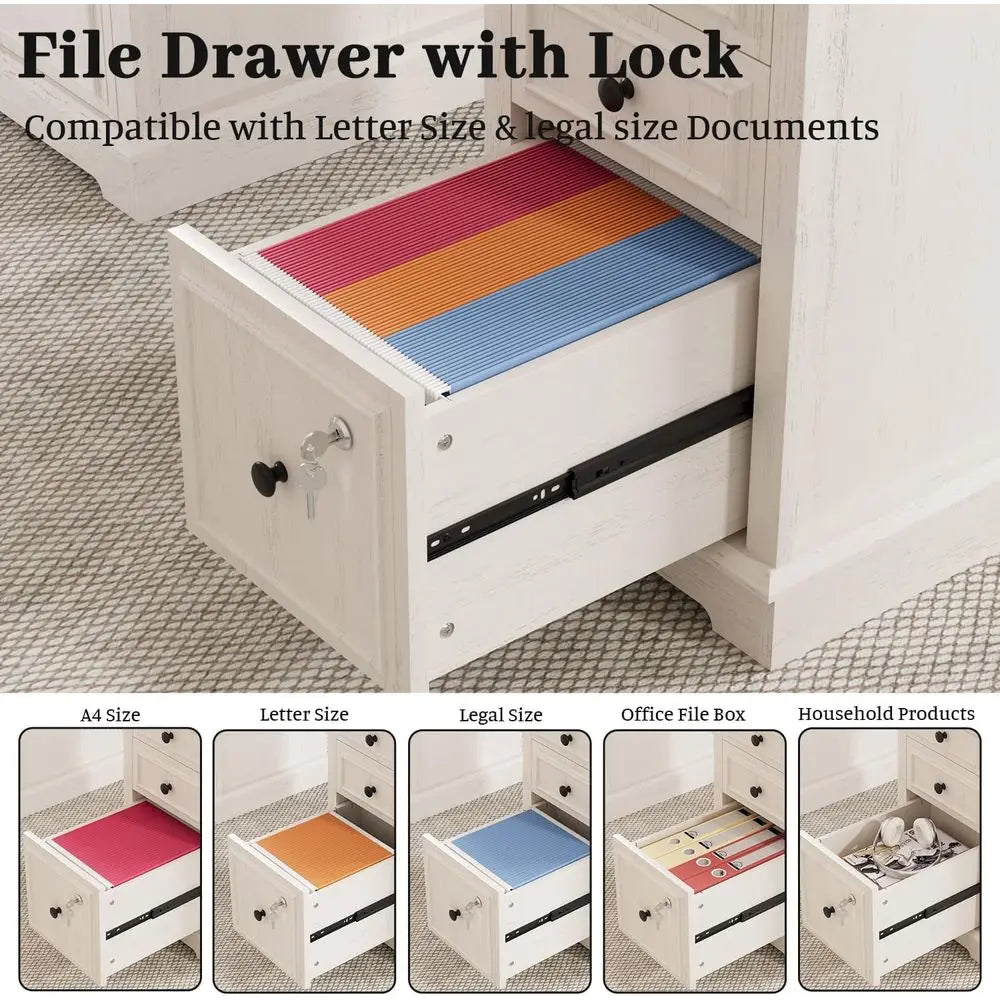 59 Modern Executive Desk with Drawers, Lockable File Cabinet, Storage, and Power Outlet for Home Office (White)