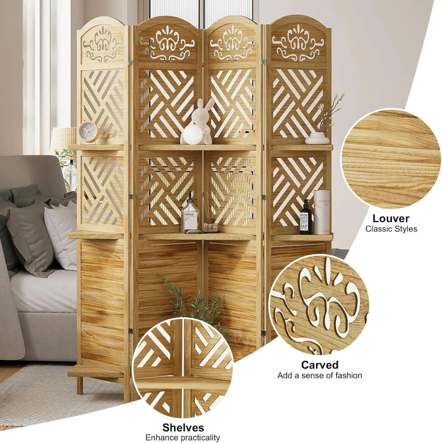 Room Divider with Shelves Folding Wood Carved Screen with Double Hinges for Home Office Bedroom Hotel Decoration 4 Panels
