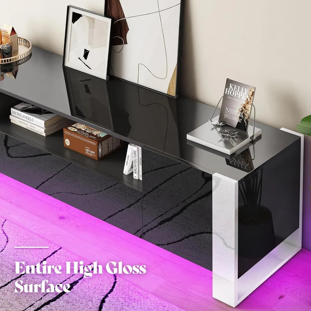 70 inch TV Stands with LED Lights, High Gloss TV Console Modern Entertainment Center with 2 Cabinet Storage Drawer