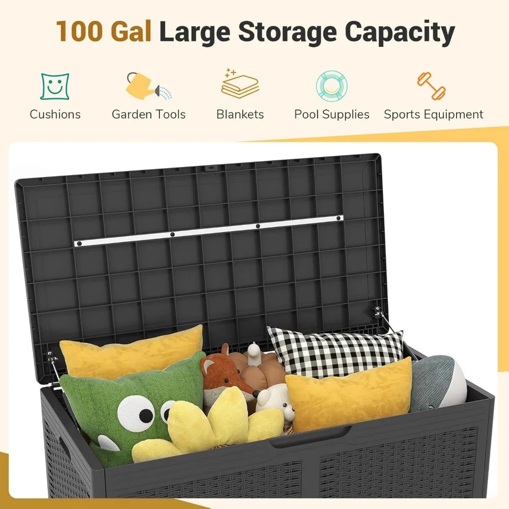100 Gallon Outdoor Storage Box, Lockable Outdoor Storage Bench with 2 Smooth Wheels, Faux Rattan Surface, Waterproof Resin Deck