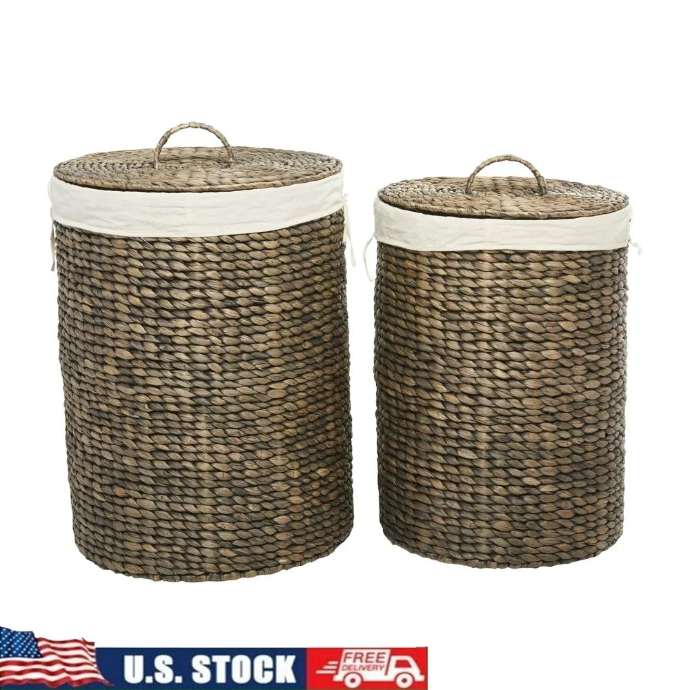 Handmade Seagrass Storage Basket Set 2PCS Round Baskets with Liner and Lid Decorative Organizing Bins Home Indoor Use