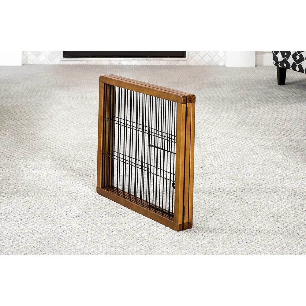 3 Panel Wooden Pet Gate Freestanding Dog Barrier with Small Door Adjustable Expandable Indoor Use Easy Setup Child Safety