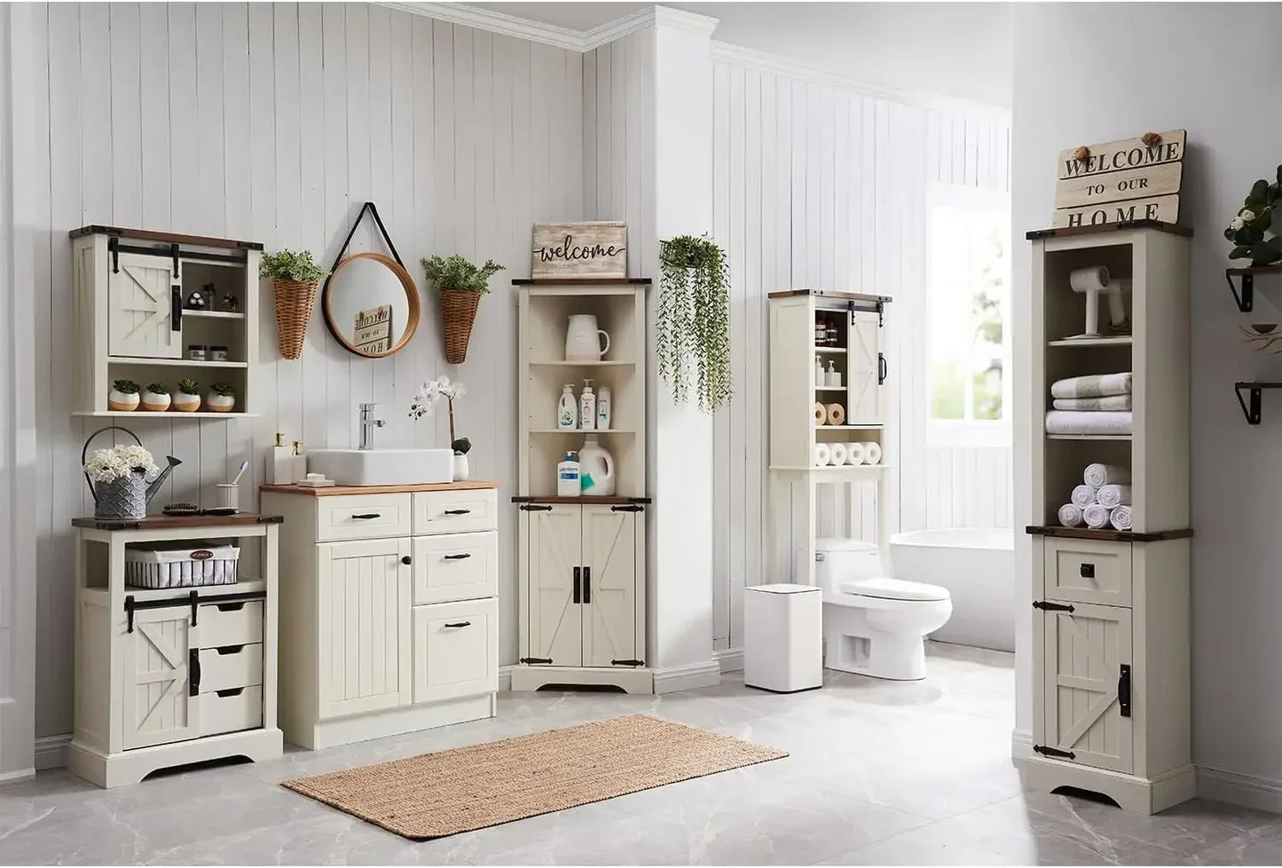 Bathroom Storage Cabinet, Farmhouse Storage Cabinet with Adjustable Shelves & Storage Drawer, Tall Linen Tower for Bathroom