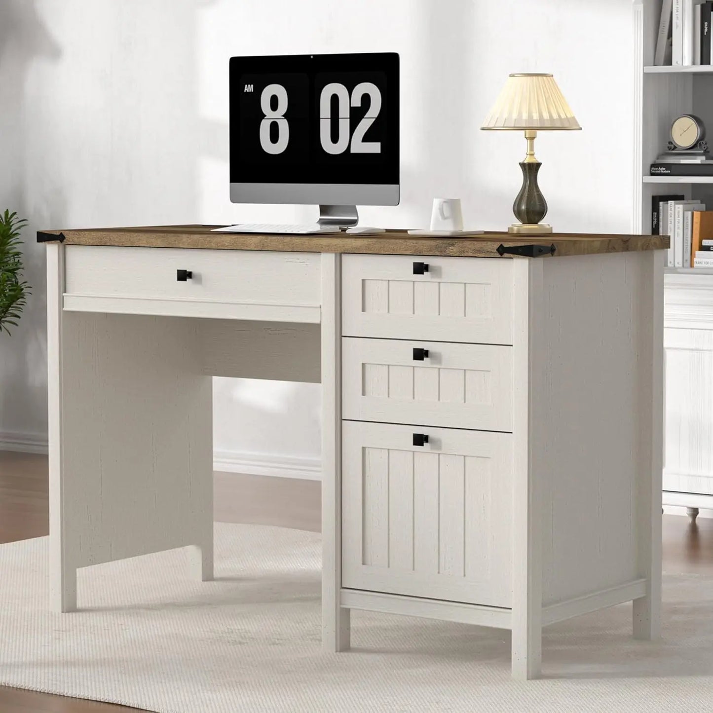 Executive Desk, Modern Farmhouse Computer Desk with Drawers & Cabinet, Home Office Desk for Work Study Writing Workspace (White,
