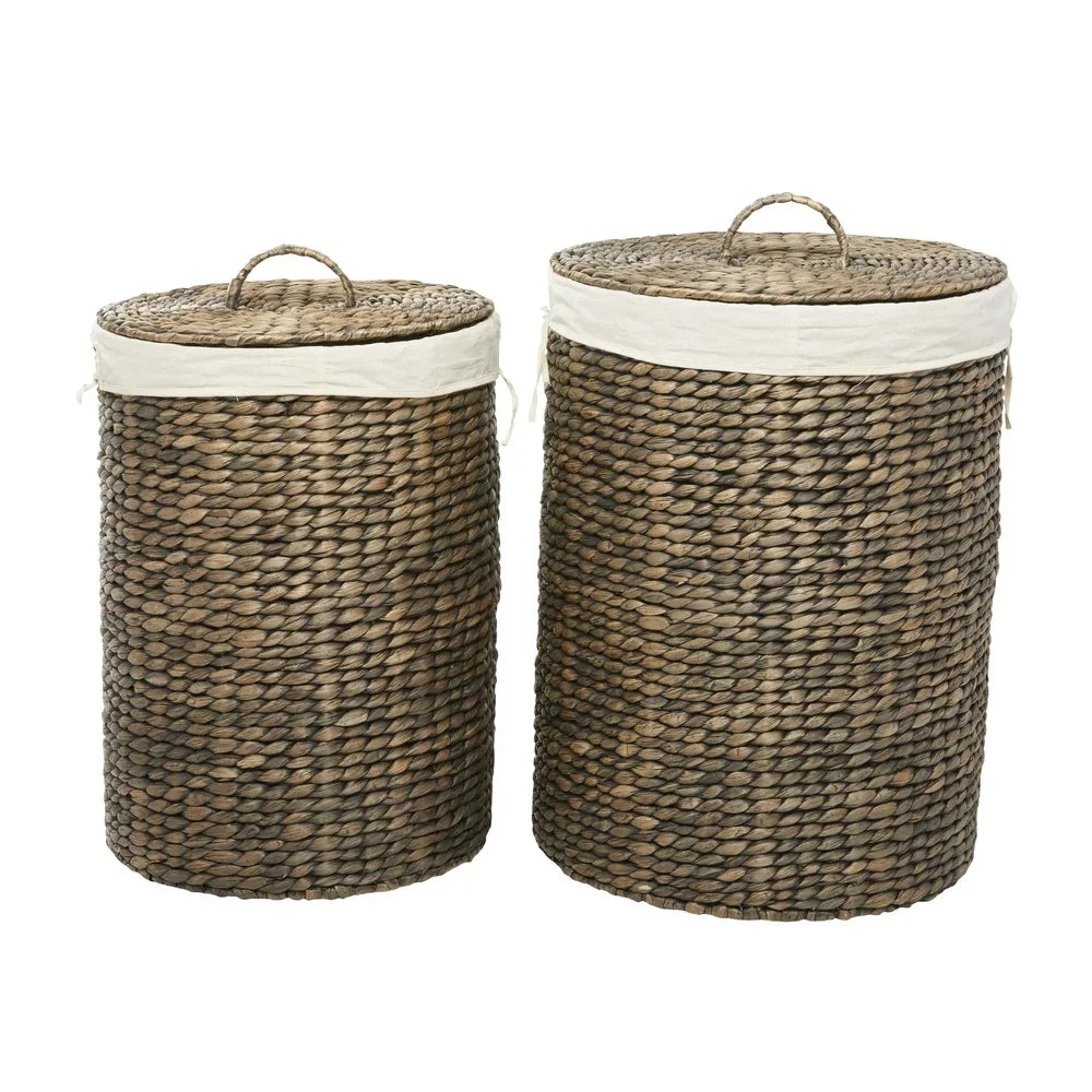 Handmade Seagrass Storage Basket Set 2PCS Round Baskets with Liner and Lid Decorative Organizing Bins Home Indoor Use
