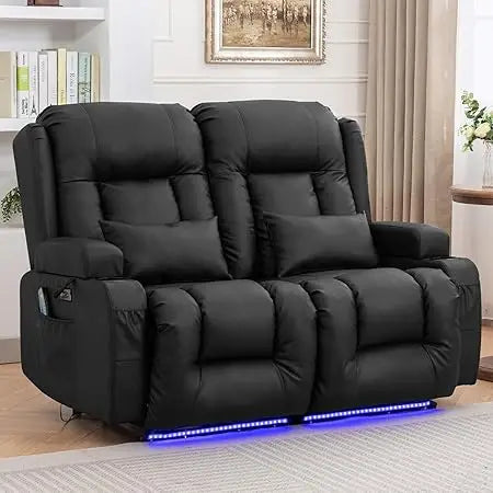 54" Power Loveseat Recliner Sofa, Electric Home Theater Seating with Massage Heat/4 Colors Ambient Lights/USB Port/Side Pocket/