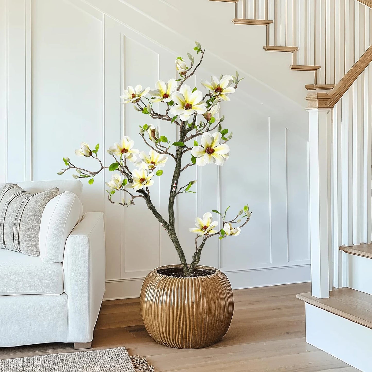 Artificial Magnolia Plant Faux Flower Trees Fake Plants with LED Light for Yard Patio Home Office Arrangement Decor