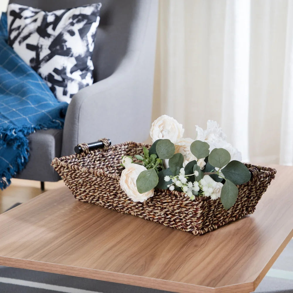 2 Pack Rectangular Woven Seagrass Storage Basket with Wooden Handles Organizing Home Décor Bathroom Supplies Craft Items