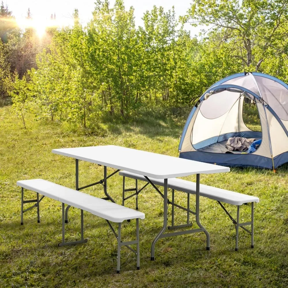 3-Piece Picnic Table Set with 2 Benches 6 Feet Folding Camping Furniture Smooth Indoor Outdoor Use