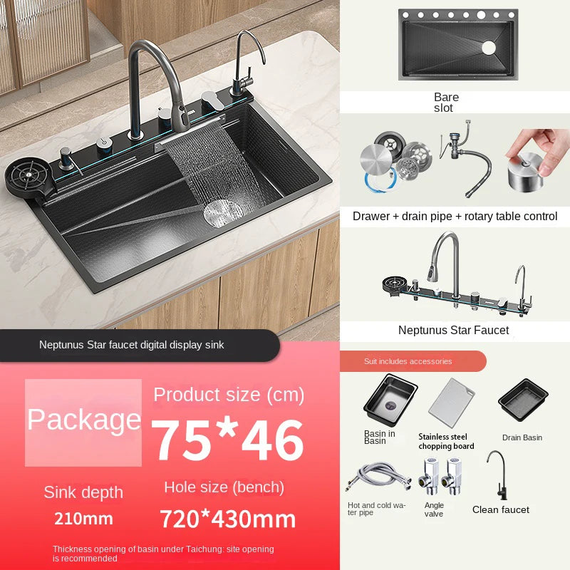 Easy Clean Digital Display Extra Large Single Bowl Hot Sale Stainless Steel Waterfall Kitchen Sink Home Vegetable Washing Sink
