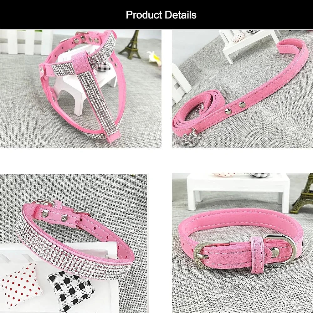 Comfortable Soft Dog Collar and Harness Set with Leash Stylish Diamante Design Small Pets Training Outdoor Activity