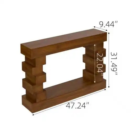 Modern Geometric Block Stacked Wood Console Table With Natural Finish