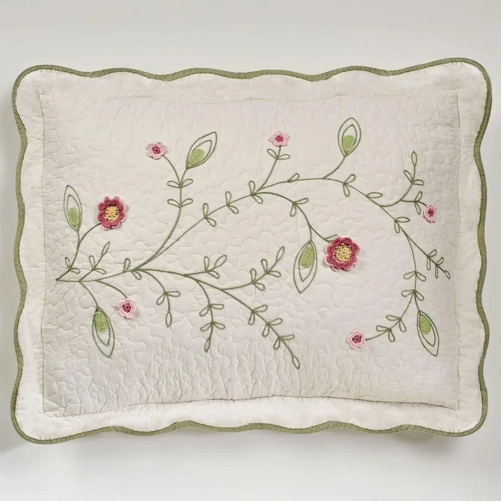 Posy Cottage Garden Style Bedding | Chain Stitch Embroidery, Crochet, & Quilting Fiber Art Floral and Leaf Vines | 3 Piece Quilt