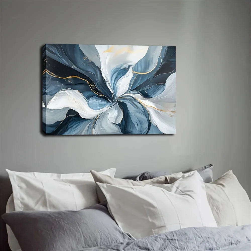 1 piece of modern abstract watercolor canvas art - 24x36 inch modern decorative frame with swirls of blue, white and gold