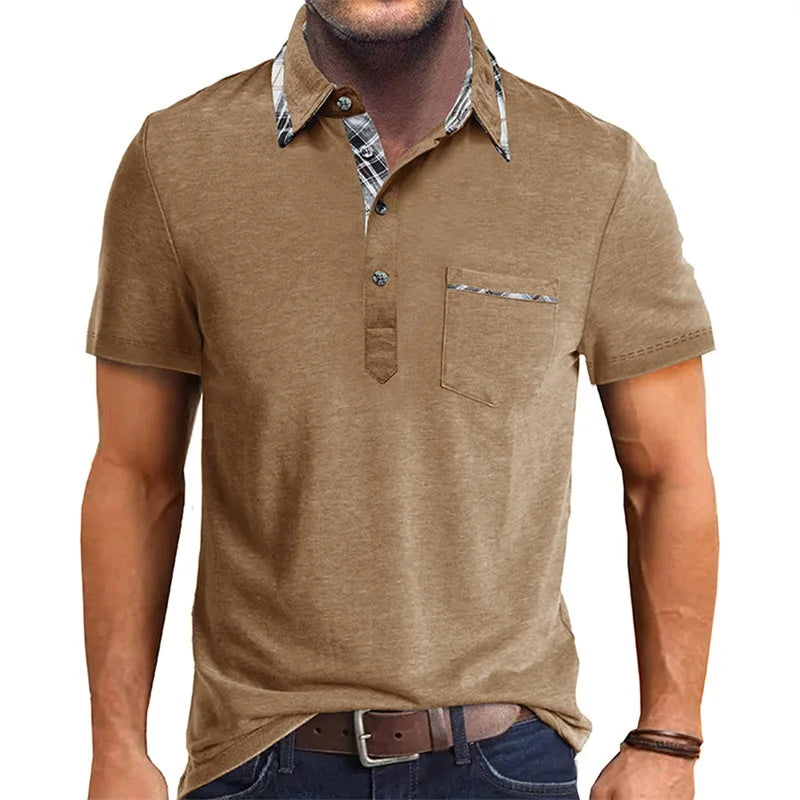 Men Short Sleeve T-Shirts Contrast Plaid Turn-Down Collar Buttons Business Casual Tops Summer Fashion Fit Shirts