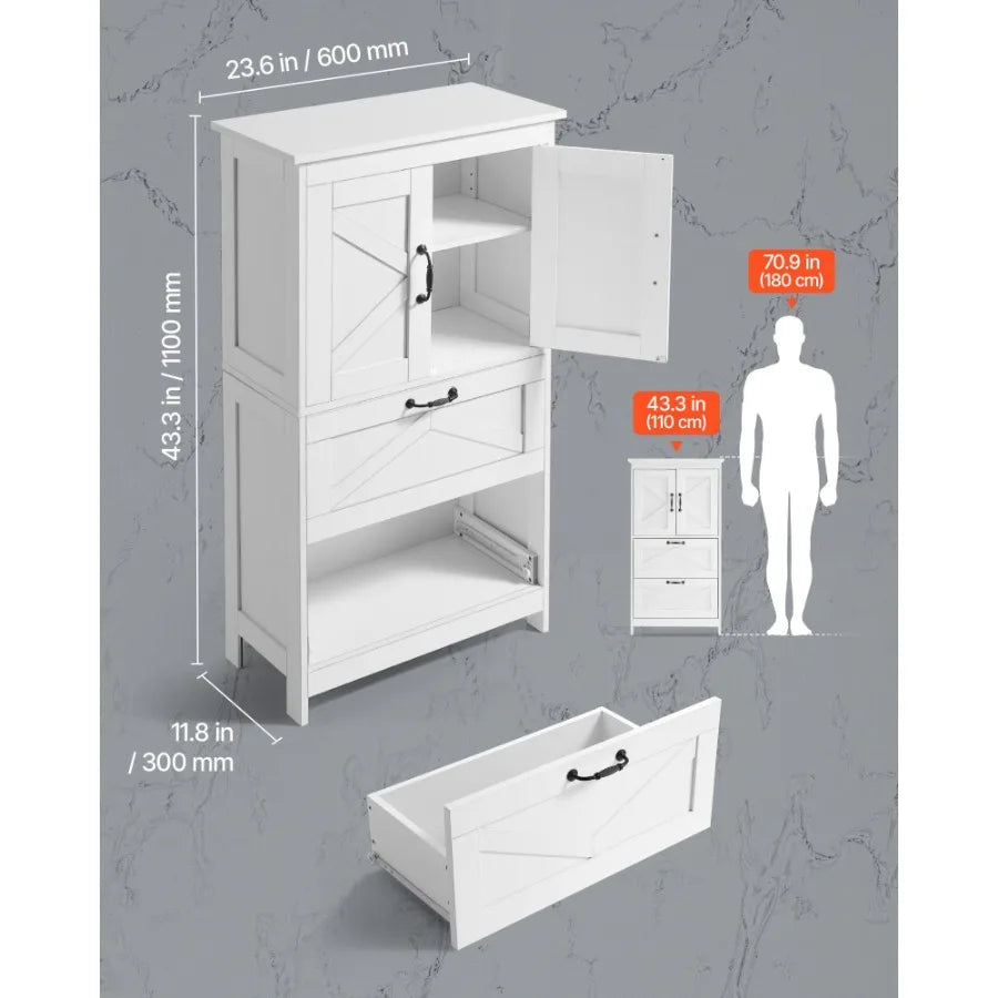 Wooden Bathroom Floor Cabinet Storage 2 Drawers and Adjustable Shelf White