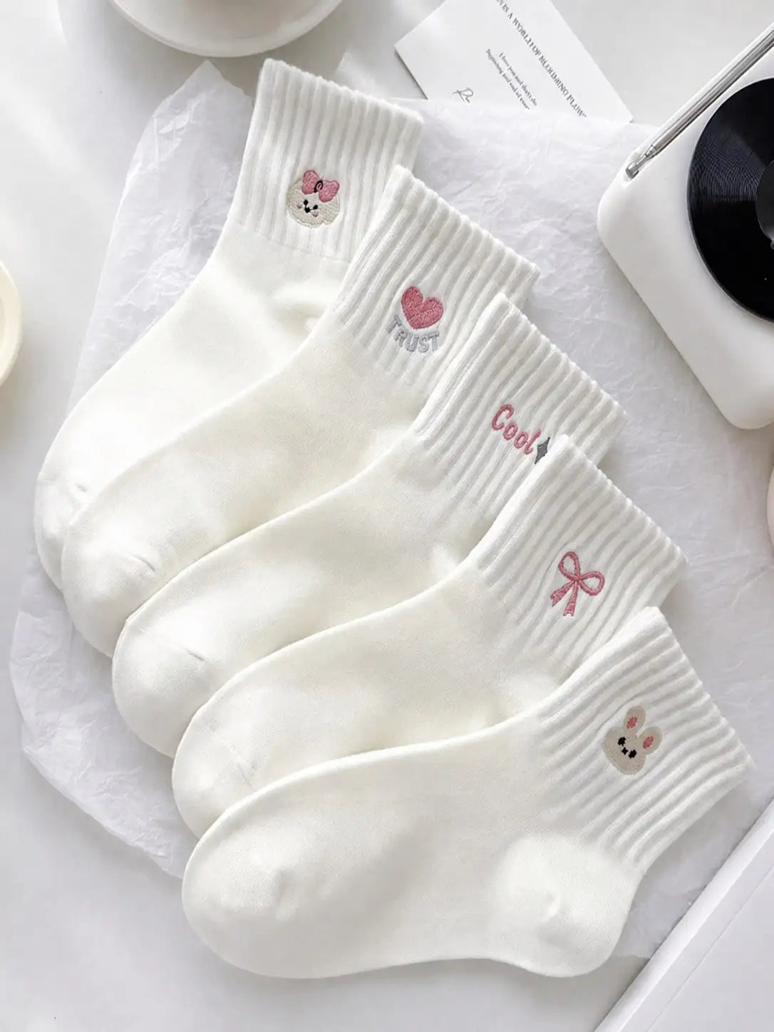 5 Pairs Women's Cute Bow & Floral Pattern Short Socks, Fashionable College Style, Comfortable & Breathable, Versatile For Daily, Sports, Casual Wear, Suitable For Spring, Summer, Autumn