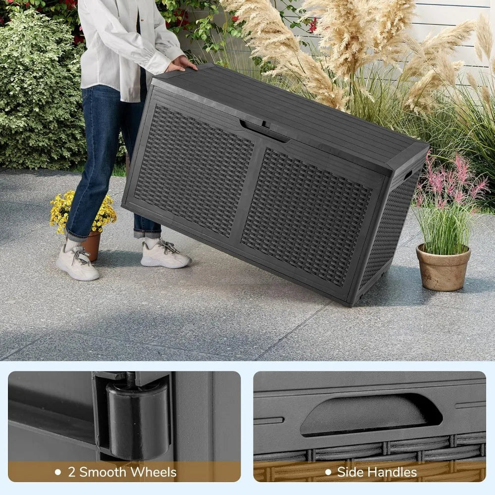 100 Gallon Outdoor Storage Box, Lockable Outdoor Storage Bench with 2 Smooth Wheels, Faux Rattan Surface, Waterproof Resin Deck