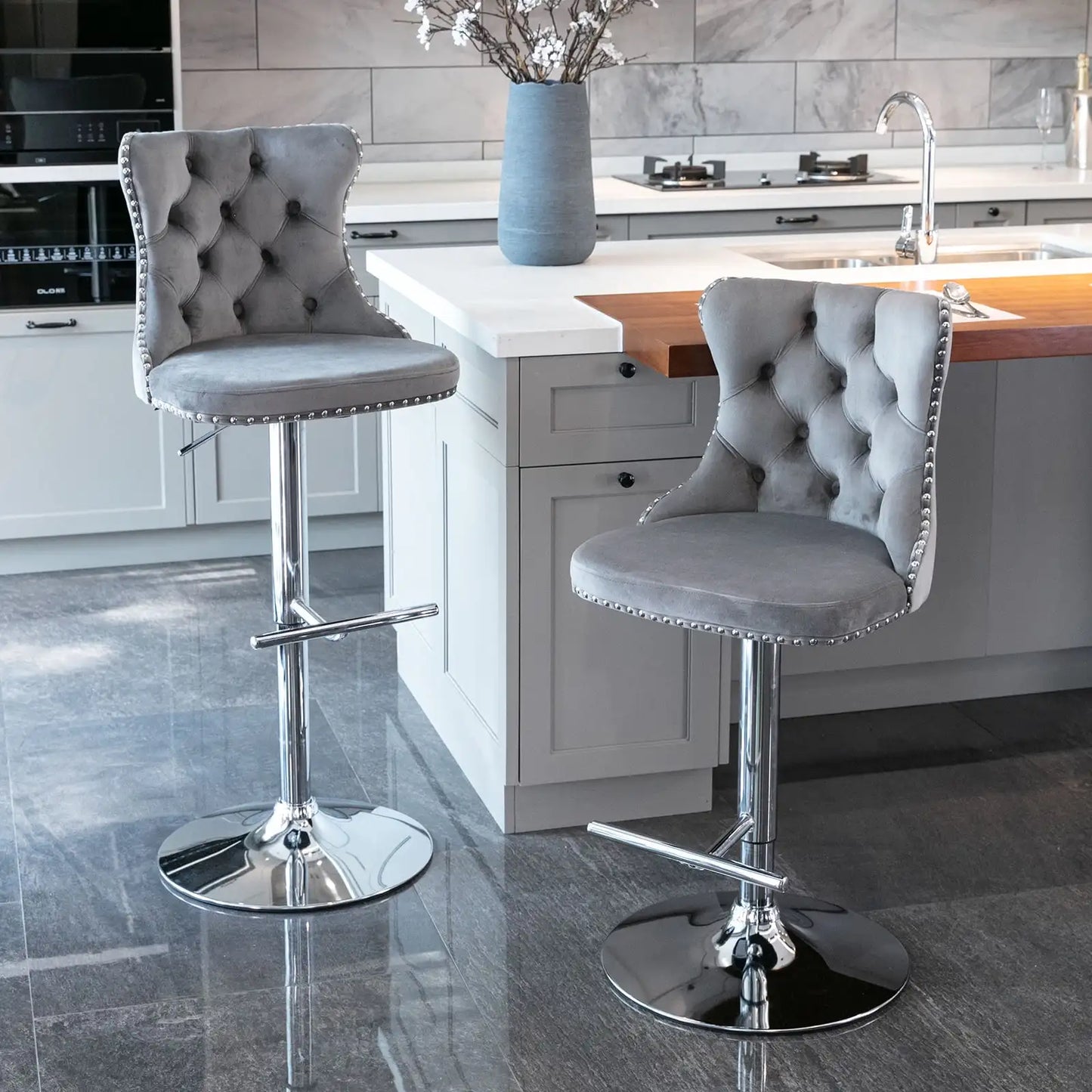 Gray Velvet Bar Stools Set of 2 - Adjustable Swivel Counter Height Chairs with Tufted Back and Nailhead Trim for Kitchen Island