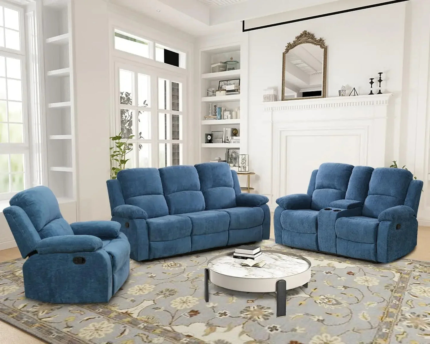Living Room Sofa Set,3 Pieces Recliner Sofa Set Living Room Furniture, Fabric Sofa Set, Recliner Couch Set with Storage Console