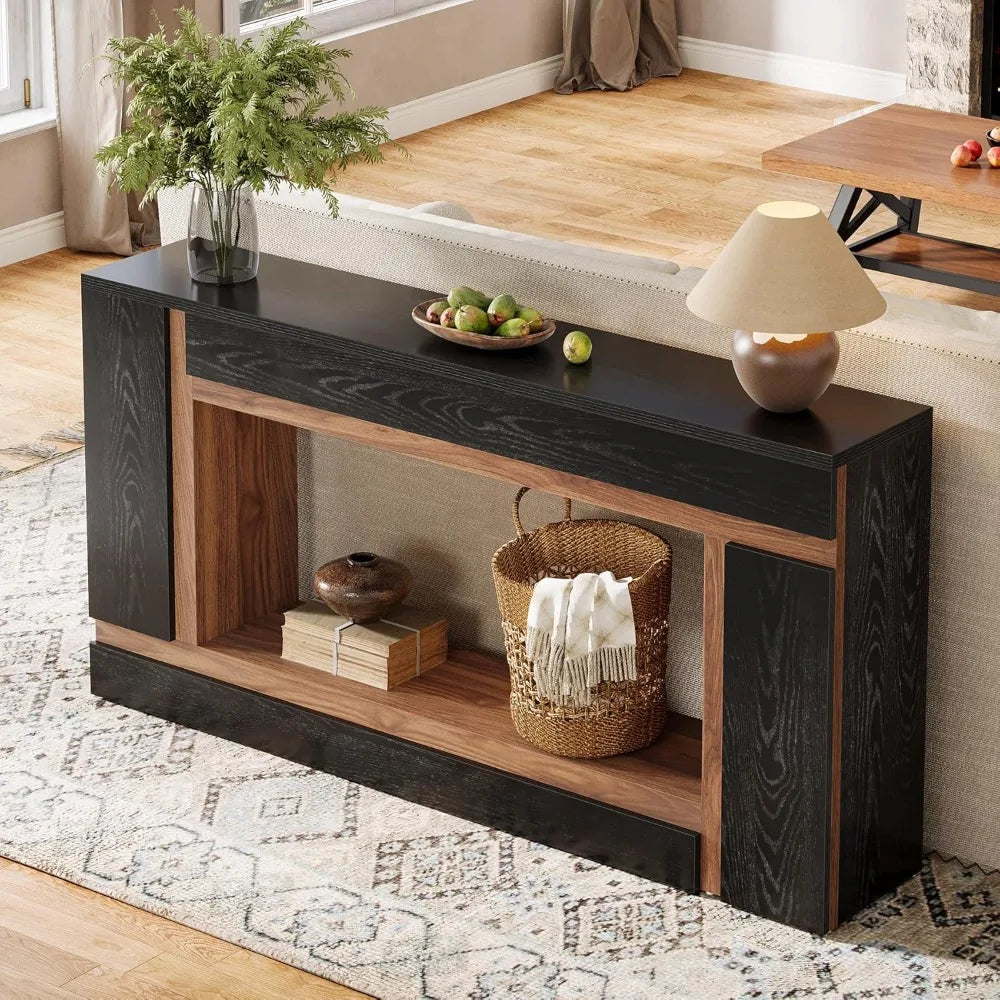 63-Inch Long Console Table for Entryway, 2-Tier Narrow Wooden Rectangular Sofa Table Behind Couch for Hallway