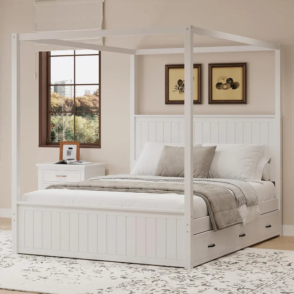 SOFTSEA Queen Size Canopy Platform Bed with Storage Drawers & Trundle, Solid Wood 4-Post Platform Bed Frame with Wood Headboard