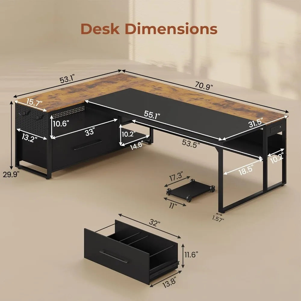 "Reversible L-Shaped Corner Desk for Executives with Spacious File Drawers and Integrated Power Outlets"
