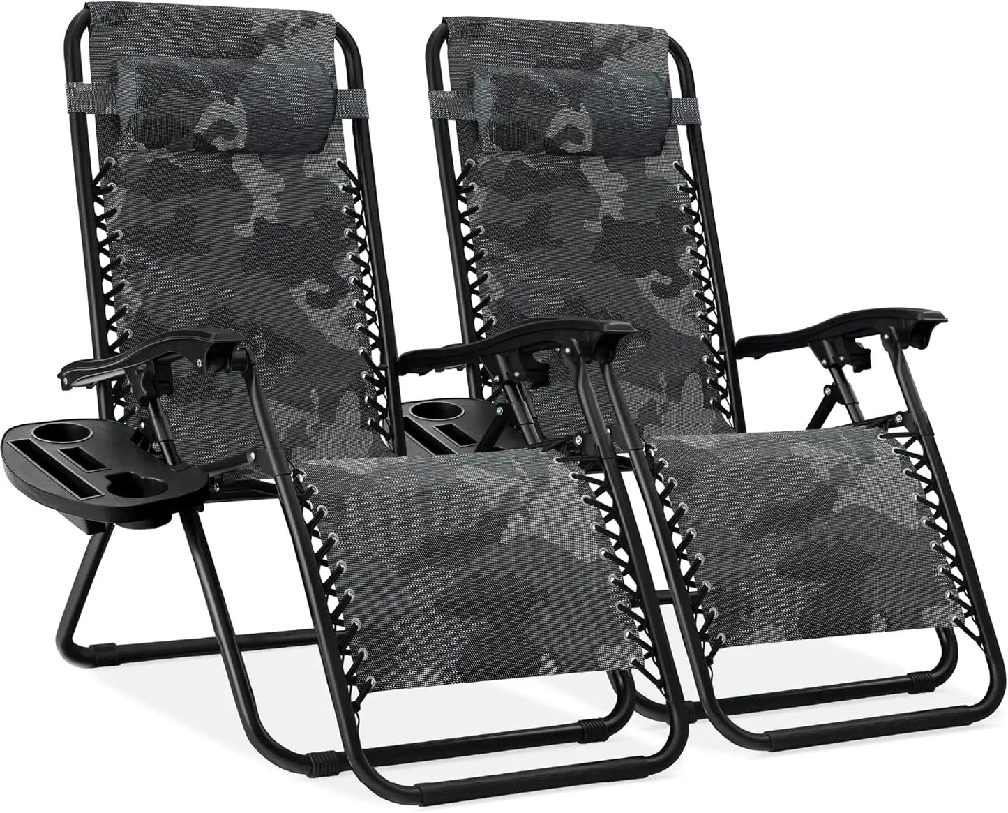 Set of 2 Adjustable Steel Mesh Zero Gravity Lounge Chair Recliners w/Pillows and Cup Holder Trays - Tan Striped