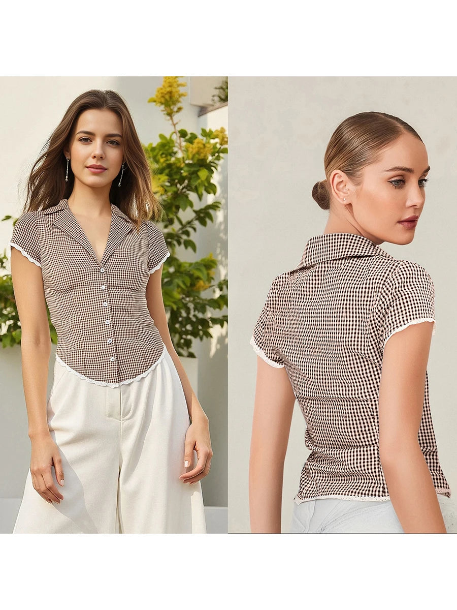 Women s Short Sleeve Plaid Shirt with Lace Trim and Turn Down Collar Button Down Blouse for Summer Casual Wear Streetwear Top