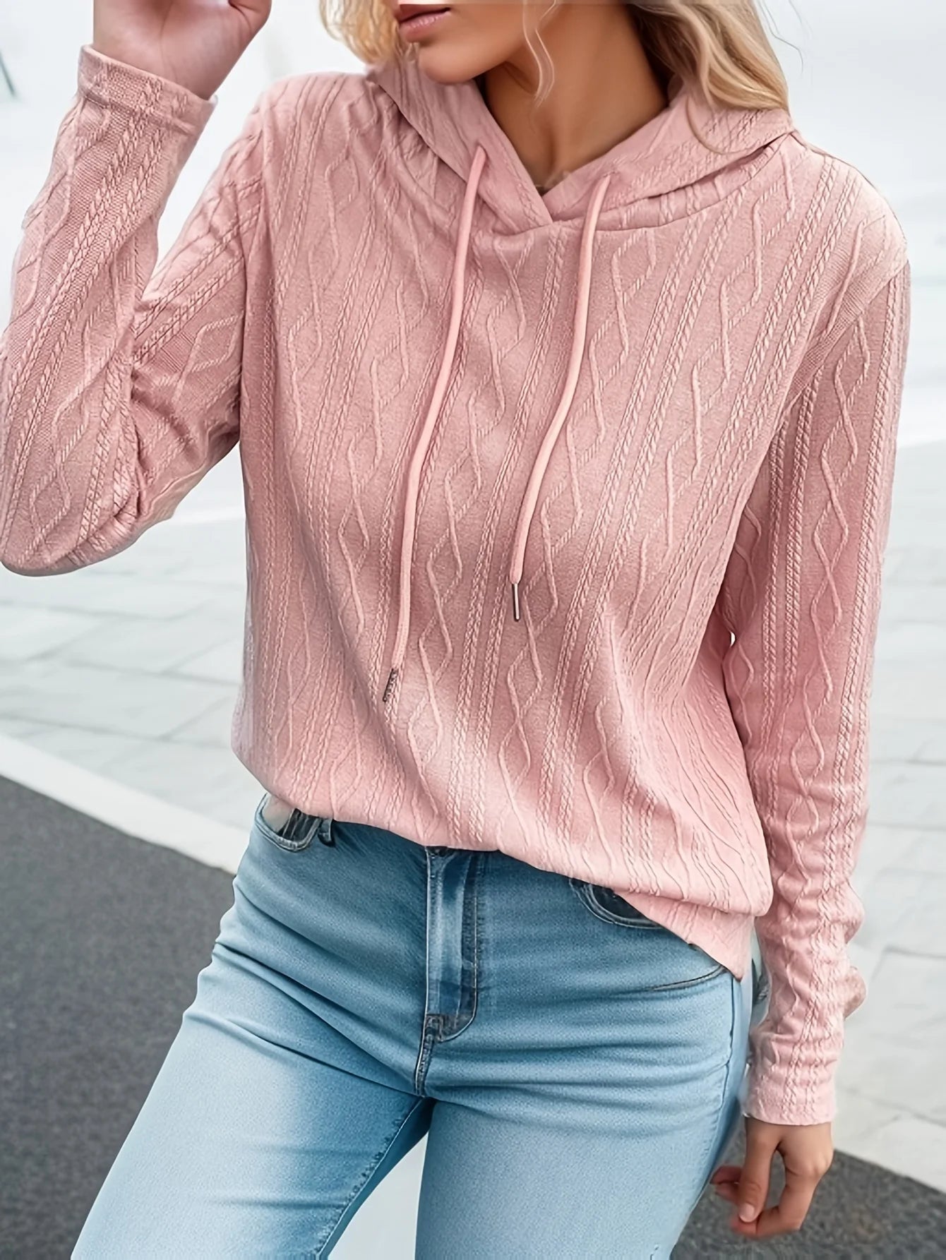 Plus Size Casual Sweater Women's Plus Textured Long Sleeve Drawstring Slight Stretch Hoodie Plus Size Women Clothing