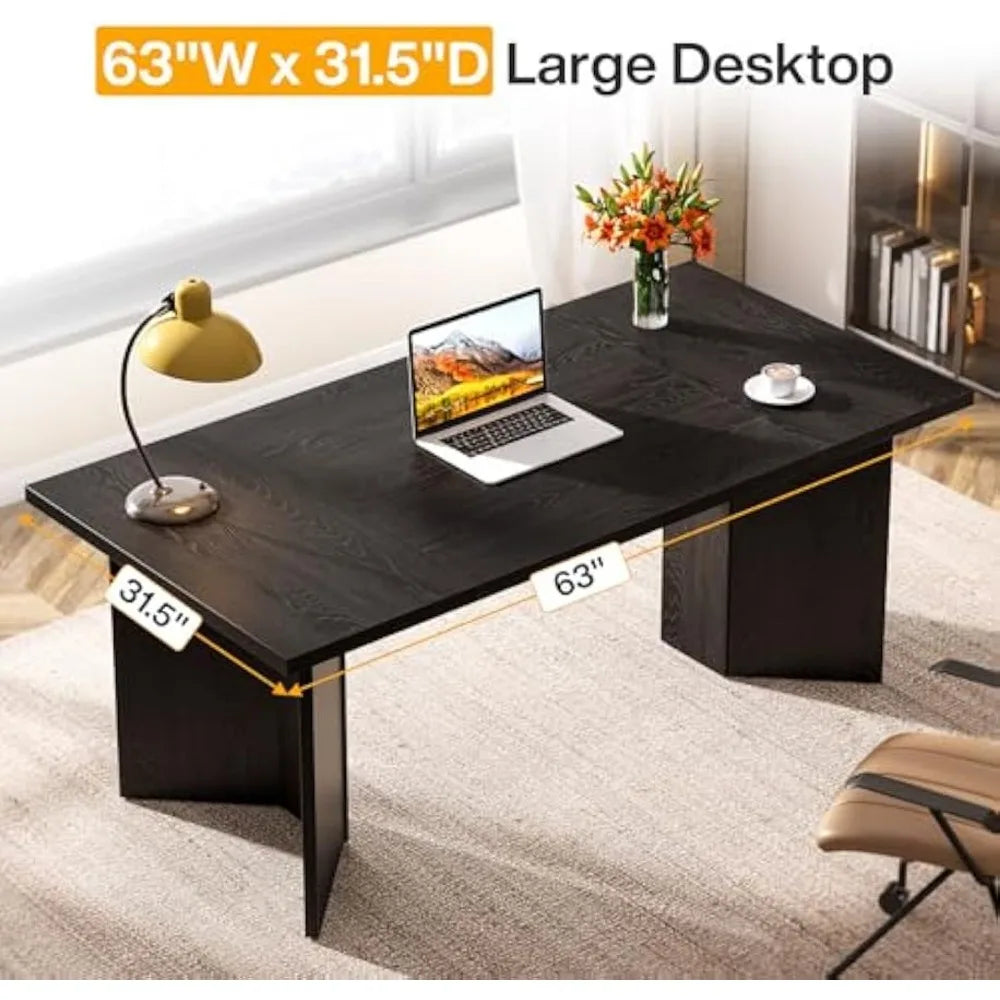 63-Inch Executive Desk, Modern Office Computer Desk with Double Pedestal, Simple Workstations Writing Table Conferenc