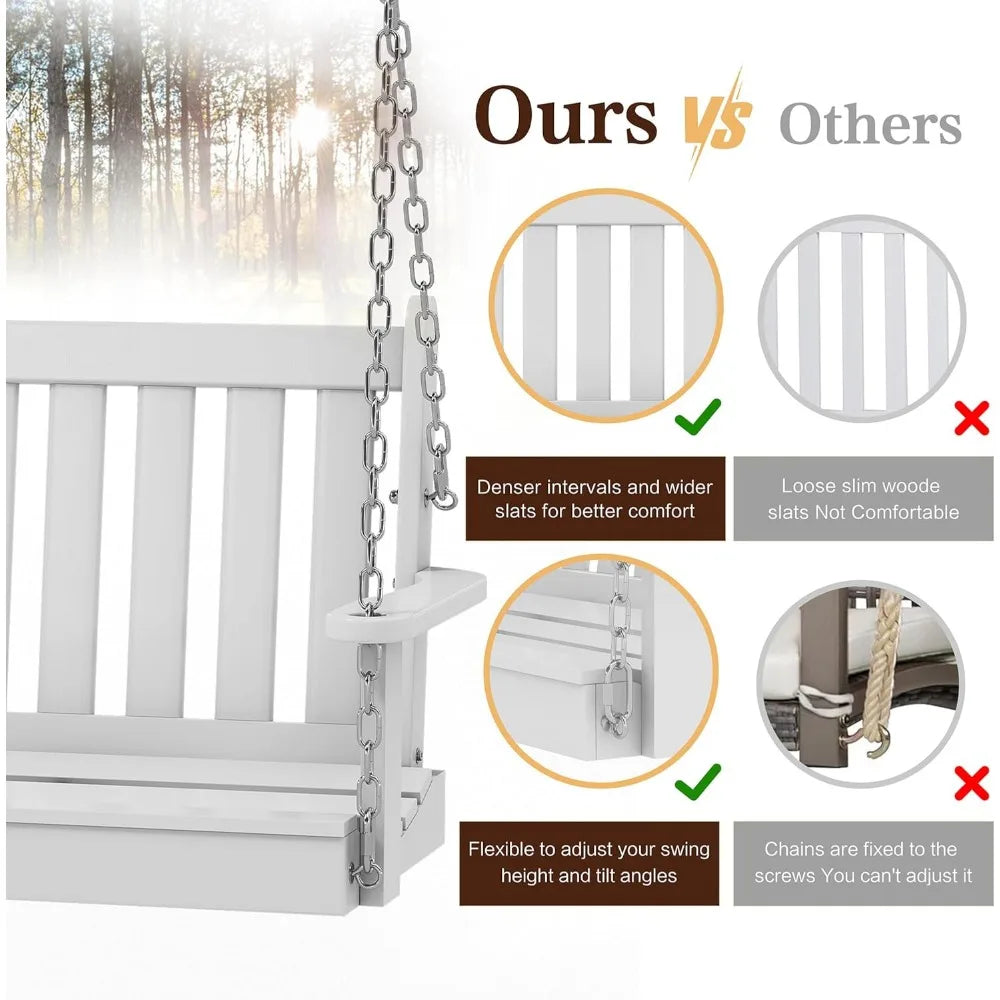4FT Hanging Wooden Porch Swing with Chains, 2-Seater Upgraded Heavy Duty 500 LBS Swing Bench for Outdoor Patio Garden and Backy
